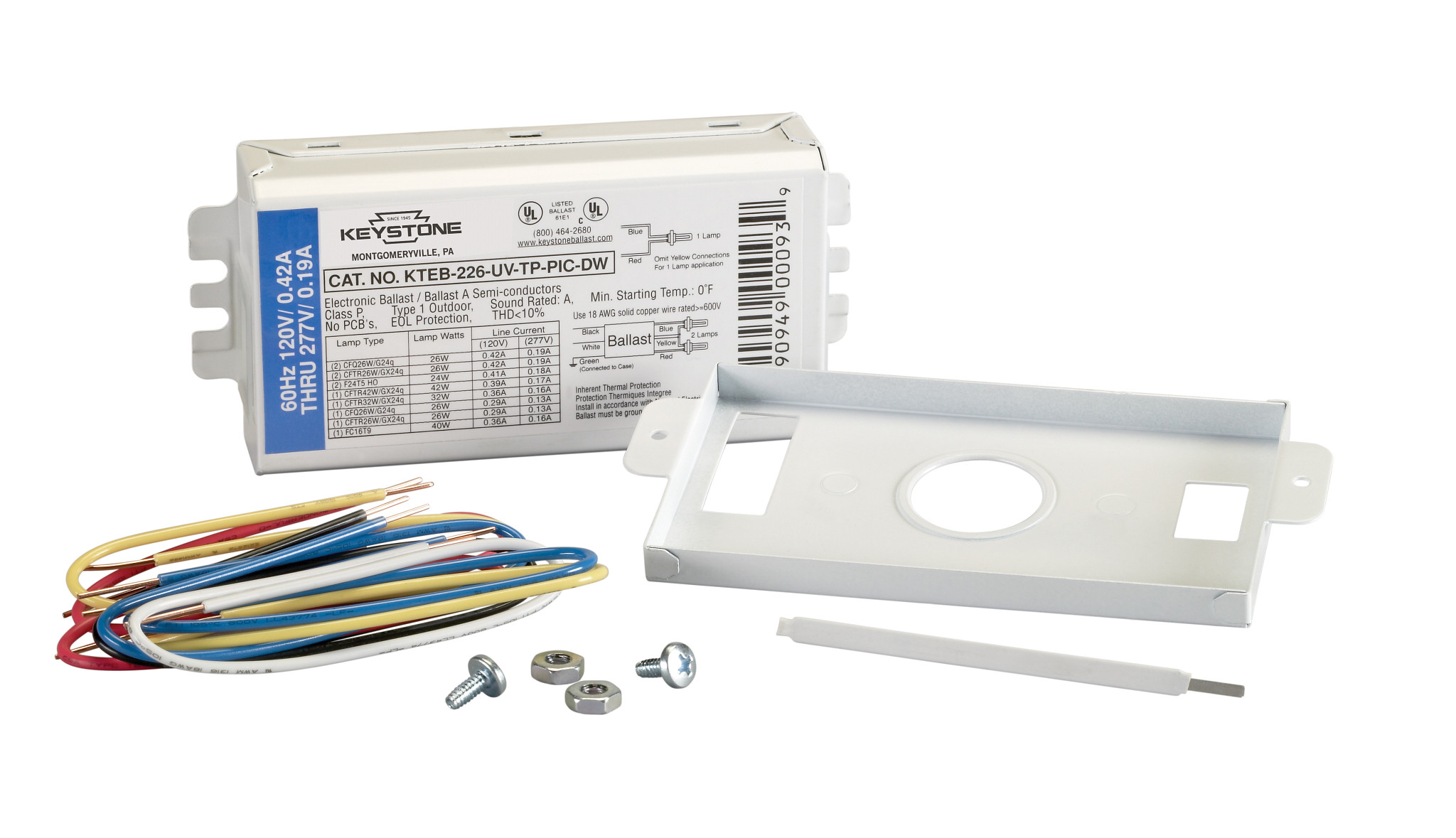 1 or 2x 26W 4-pin CFL, Rapid Start, 120-277V, side & bottom poke-in Connectors, Ballast Replacement KIT with stud plate and wires, Electronic